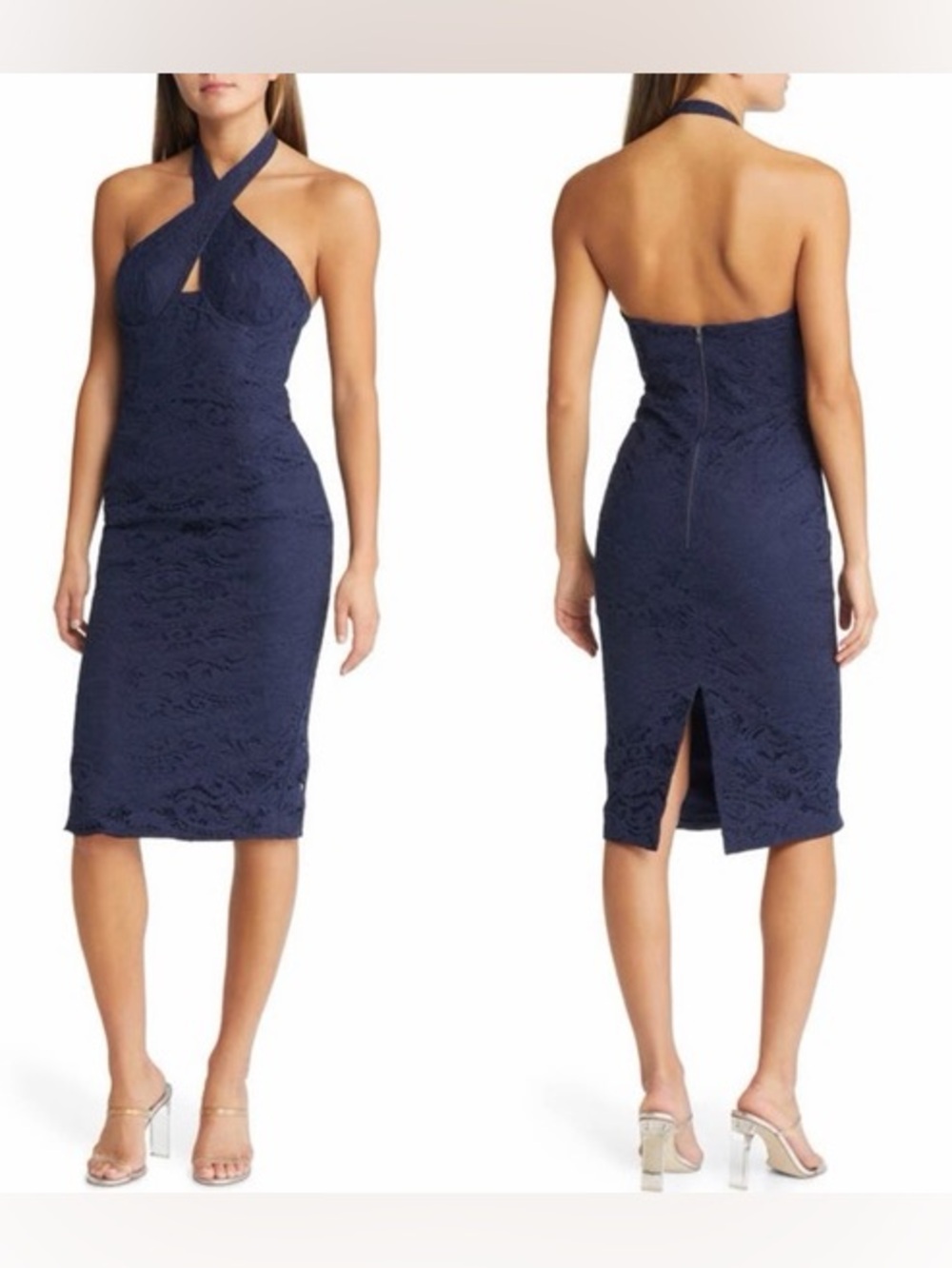Bardot Riviera Lace Corset Dress in Navy